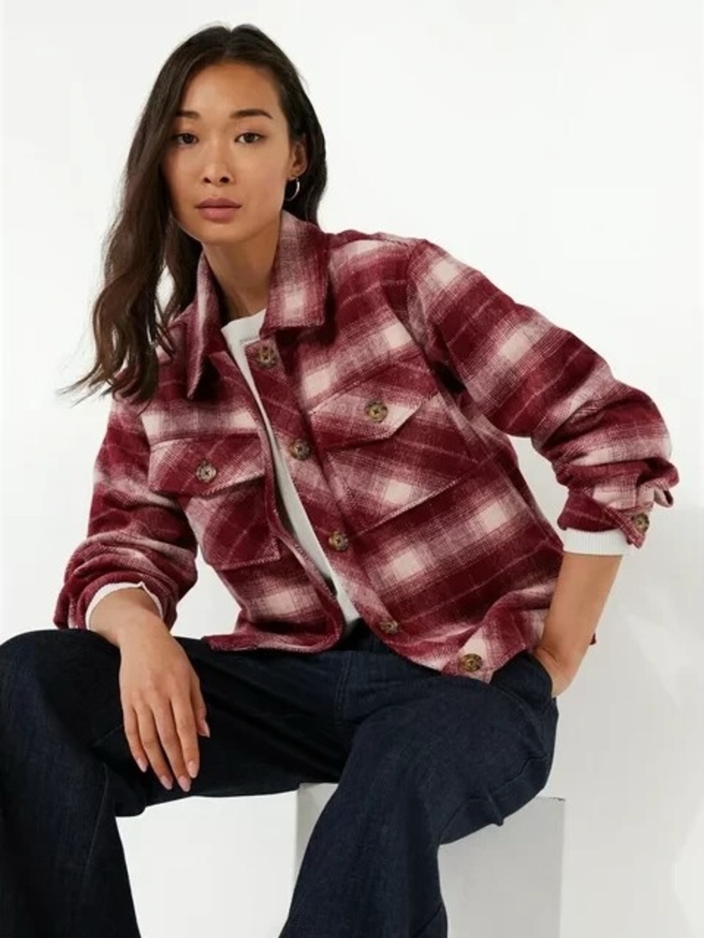 Time and Tru Burgundy and Cream Plaid Shacket